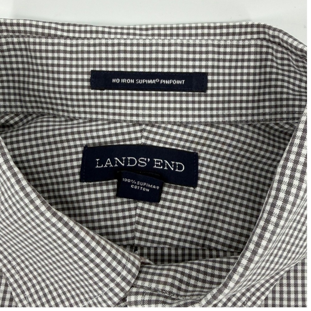 Lands End Mens No Iron Supima Cotton Button Down Gray Gingham Shirt 16 1/2-32 - Picture 1 of 8